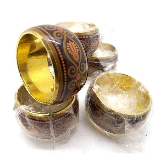 Dinner Napkin Rings Brass with Enameled Brown Design Set of 6 NEW - Picture 1 of 4